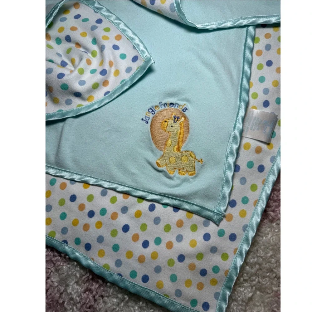 Small Wonders Blue Polka Dot Giraffe Jungle Friend Satin Trim Baby Blanket Cotto